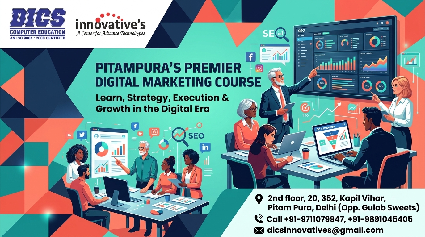 Students learning SEO, Google Ads, Social Media Marketing, and Digital Marketing at DICS Innovatives, the Best Digital Marketing Institute in Pitampura with practical training and placement assistance.