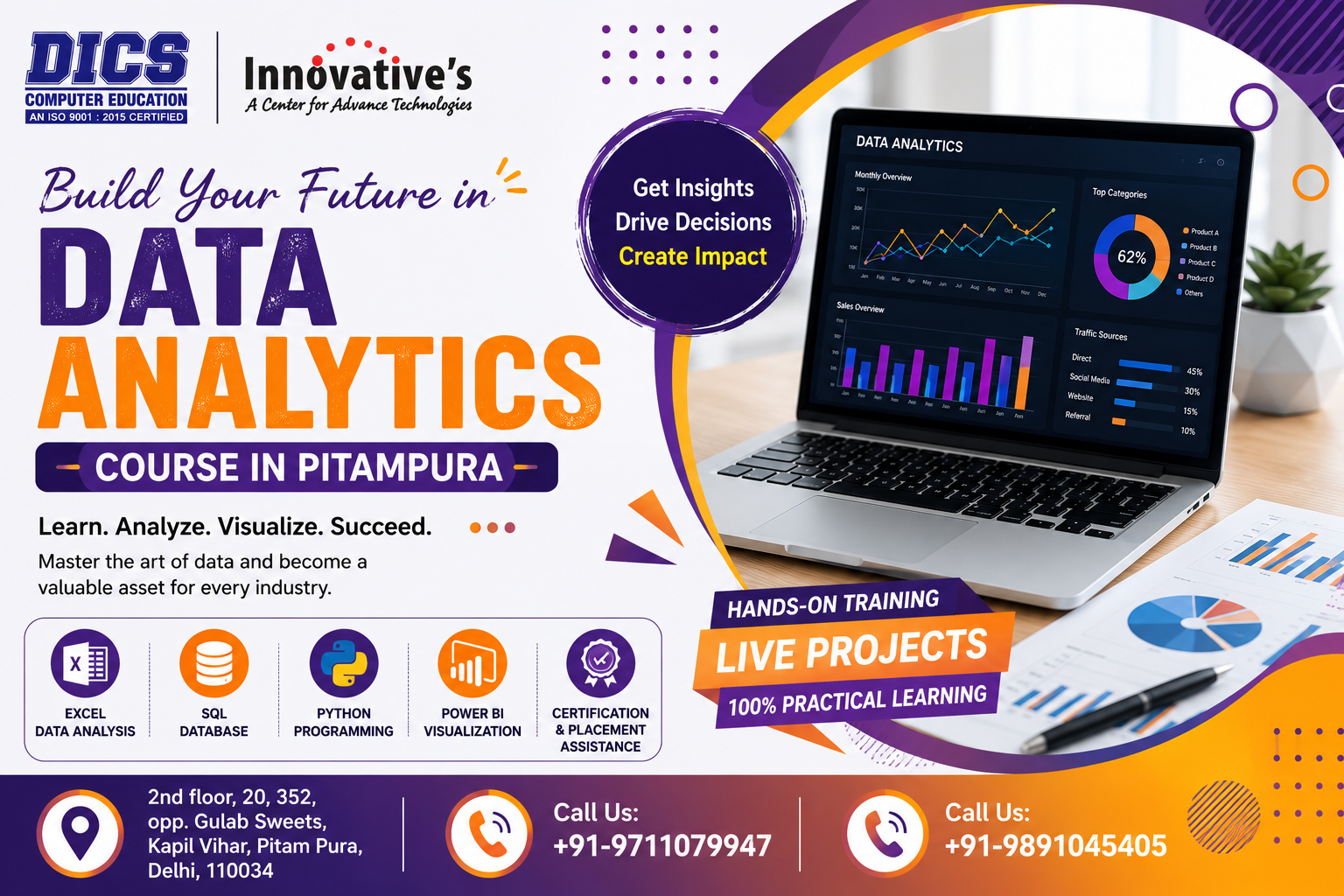 Data Analytics Course in Pitampura at DICS Innovatives with practical training in Excel, SQL, Python, Power BI, live projects, certification, and placement assistance.