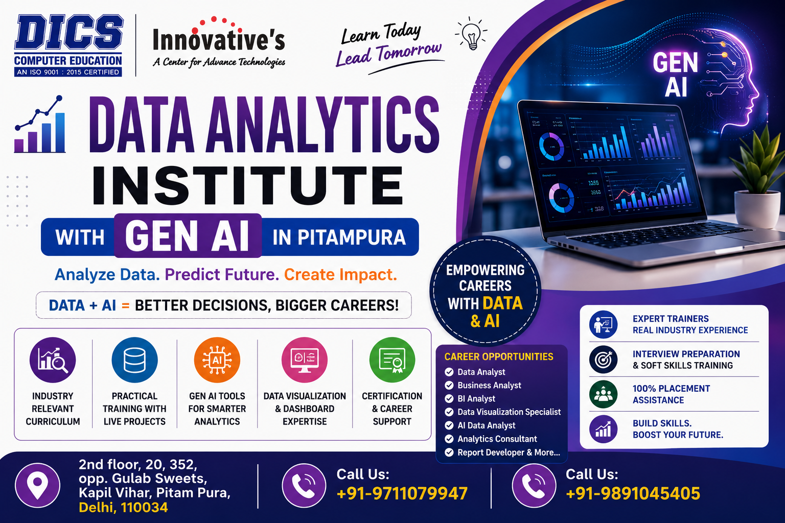 Best Data Analytics Institute with Gen AI in Pitampura offering practical training in Excel, SQL, Python, Power BI, Generative AI, live projects, certification, and placement assistance at DICS Innovatives.