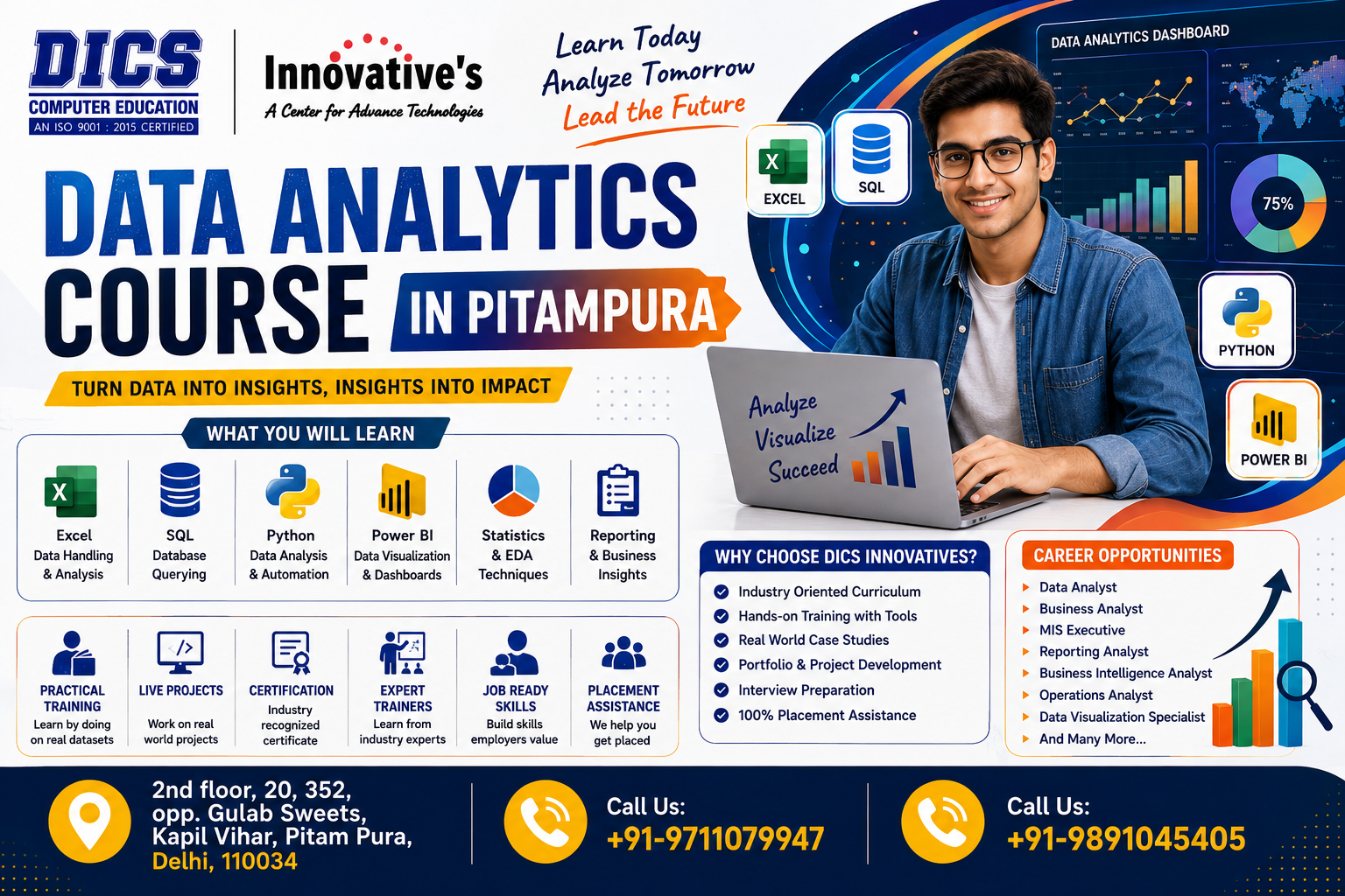 Data Analytics Course in Pitampura at DICS Innovatives with practical training in Excel, SQL, Python, Power BI and data visualization.
