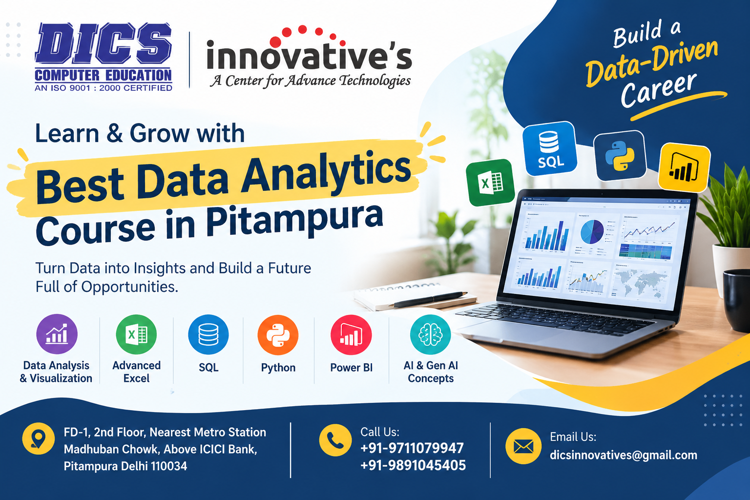 Best Data Analytics Institute in Pitampura offering training in Excel, SQL, Python, Power BI, data visualization and real-world projects