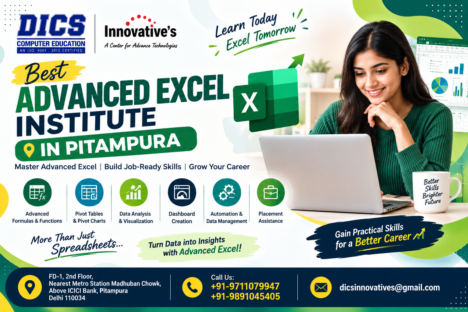 Best Advanced Excel Institute in Pitampura offering practical training in formulas, Pivot Tables, dashboards, data analysis and reporting.