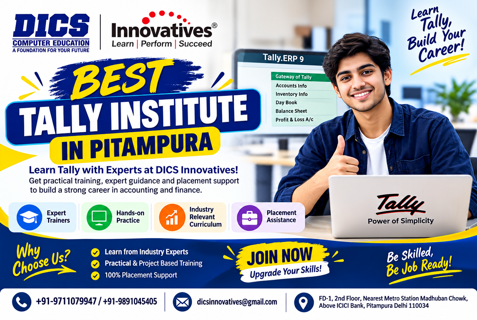 Join DICS Innovatives for a Tally Course in Pitampura. Learn accounting, GST, billing and practical software skills with career guidance and job preparation.